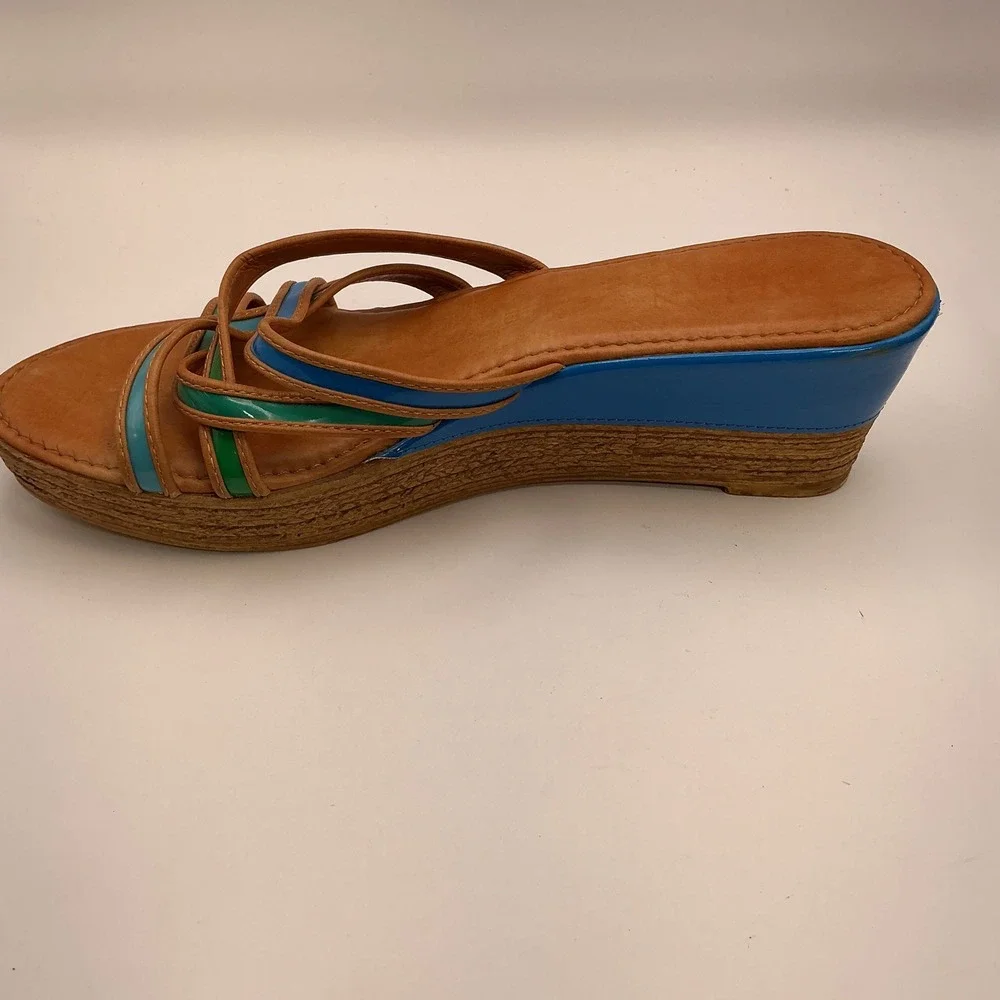 Italian Shoemakers Womens 10 Wedge Sandals Blue Green Tan Multi Strap Made Italy